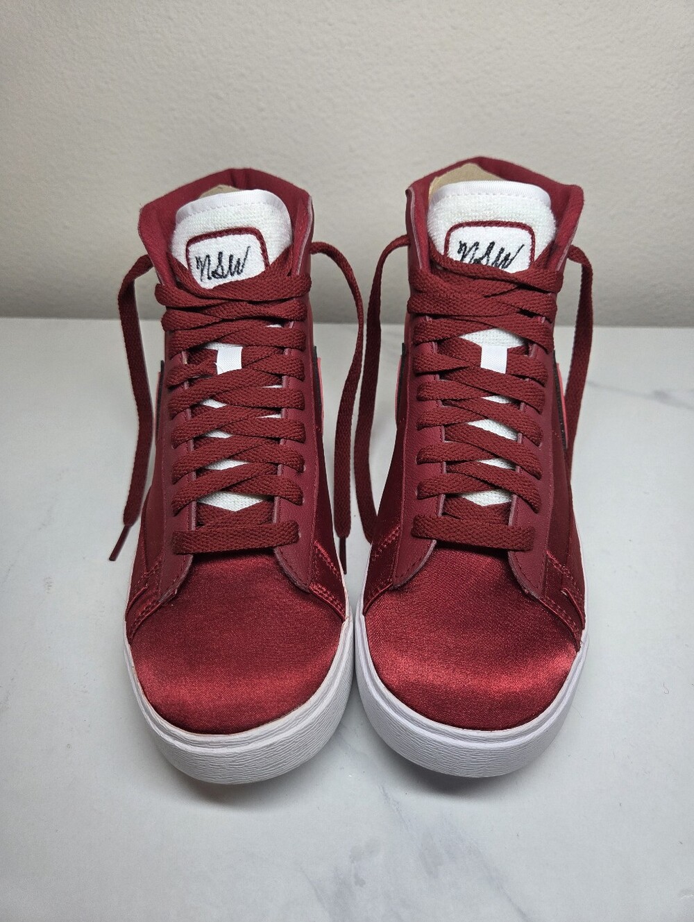 Nike Blazer Mid Premium Satin Red Crush High Top Sneakers NSW Script NWOB